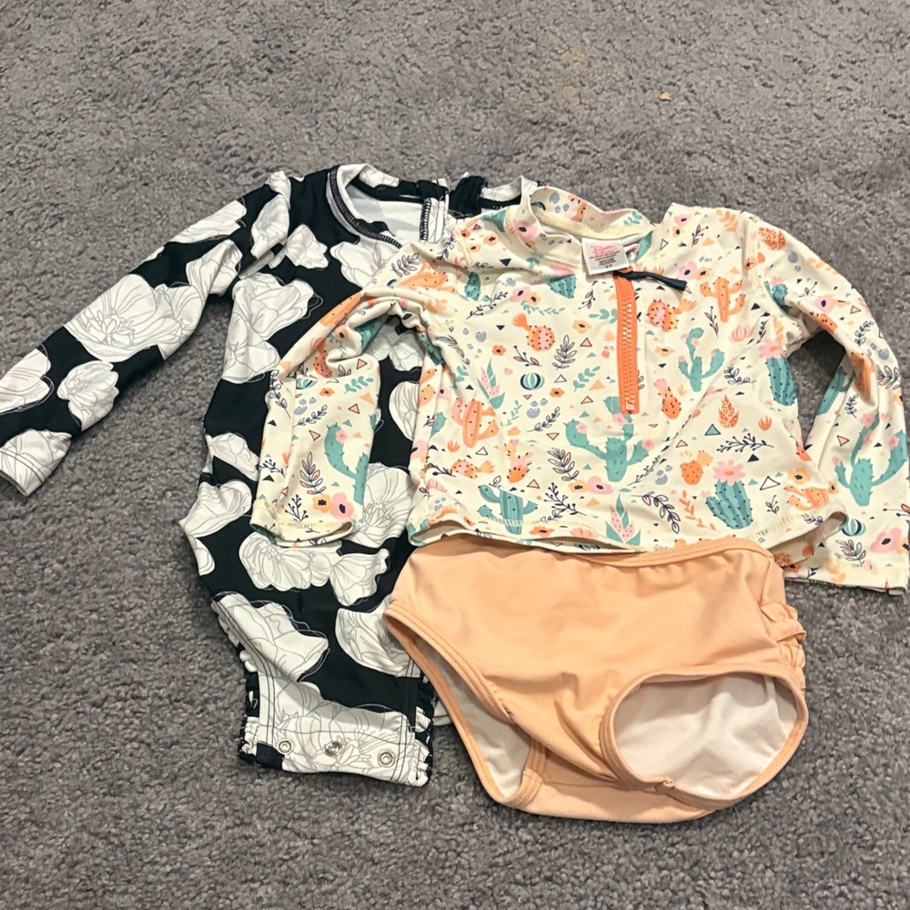 Ruffle Butts- Long-Sleeve Rash Guard Swim Bundle - Peach & Black Floral
